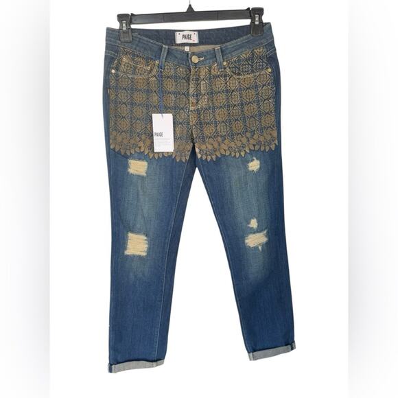 Paige | NWT Jimmy Jimmy Skinny Velvet Jaquard Embroidered Jeans Mid Size 28 {47} - Picture 1 of 12